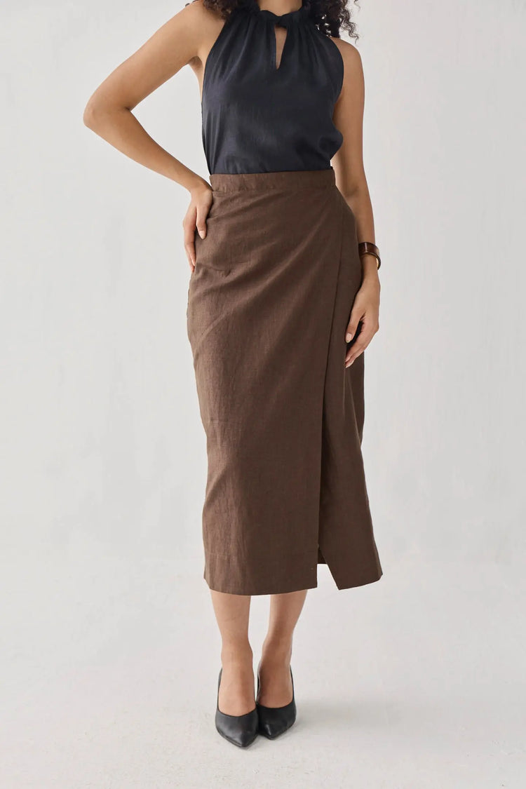 Overlap Linen Midi Skirt KEMETIX