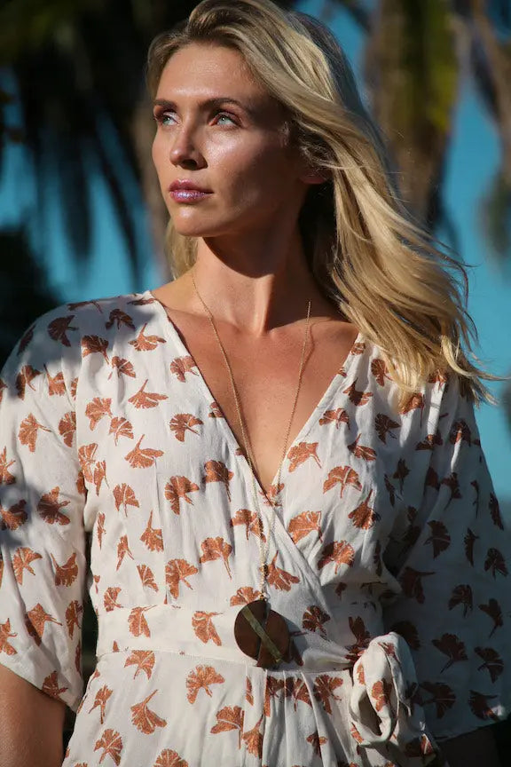 Ginkgo Leaf Maxi Wrap Dress in White + Copper SymbologyClothing