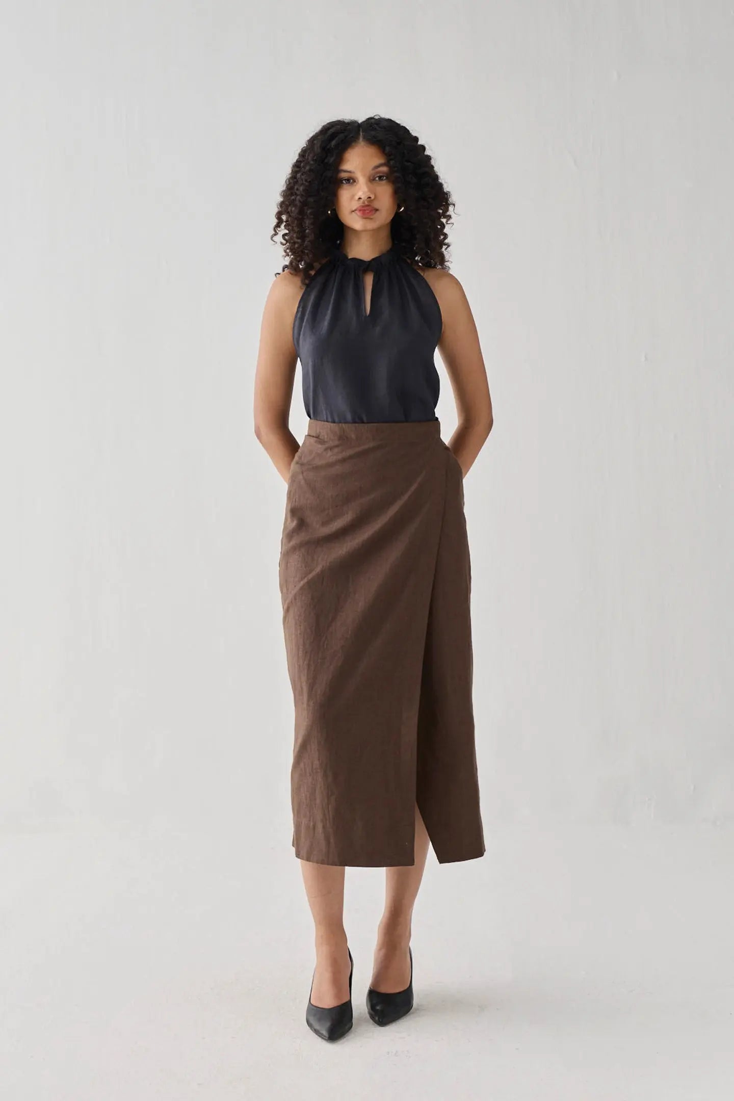 Overlap Linen Midi Skirt KEMETIX