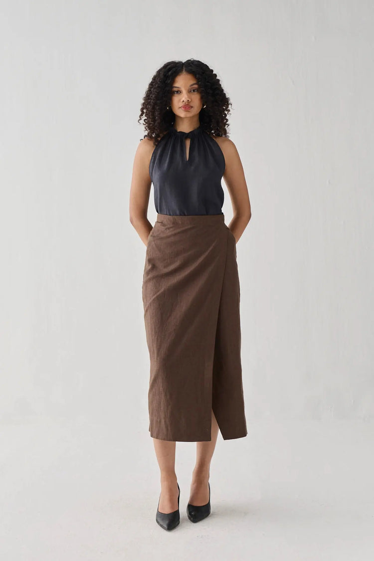 Overlap Linen Midi Skirt KEMETIX